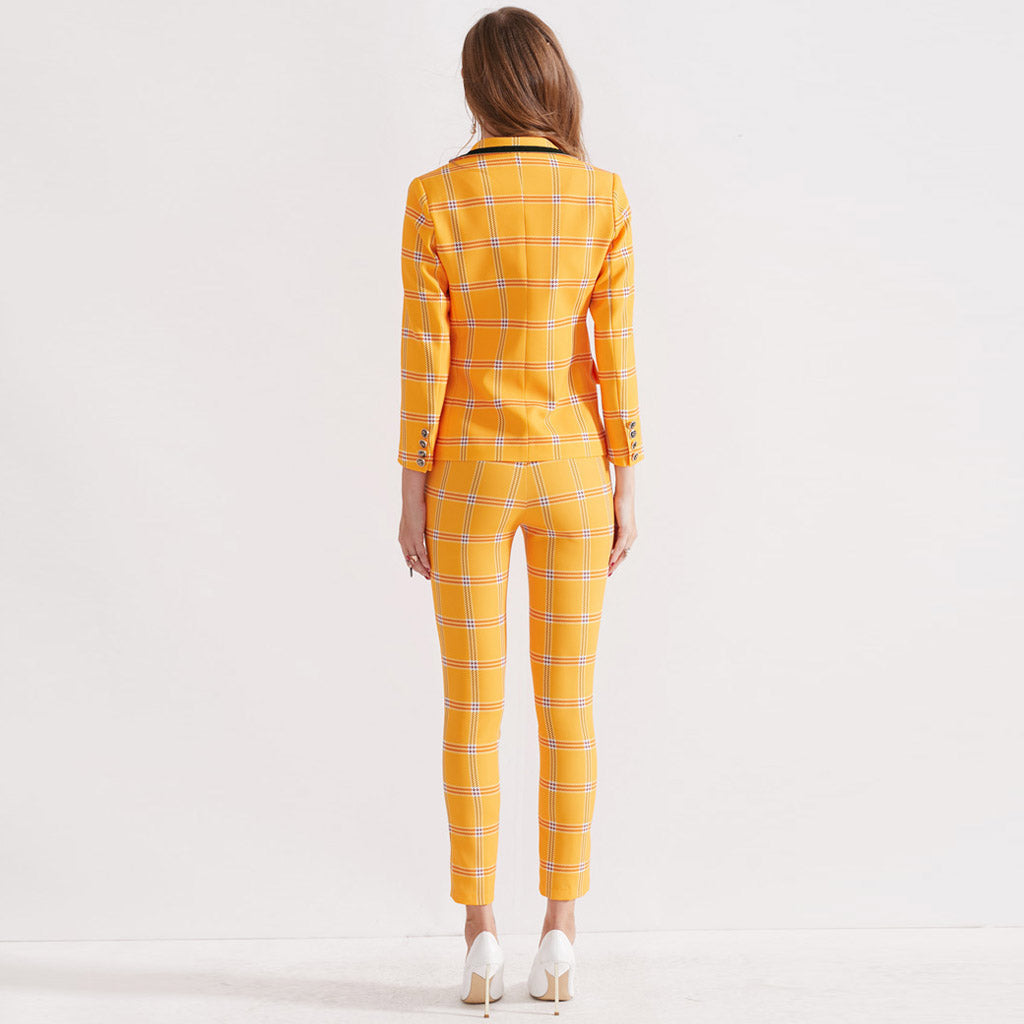 Fresh Checked Long Sleeve Collared Blazer Matching Set - Yellow