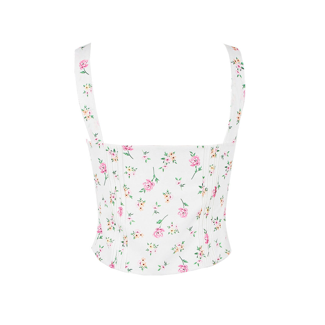 Fresh Tie Front Square Neck Frill Bustier Floral Printed Tank Top - Pink