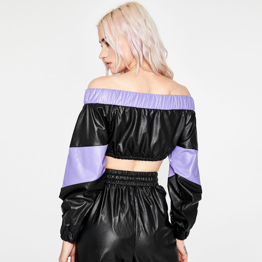 Futuristic Color Block Off Shoulder Zip Front Crop Leather Top - Black