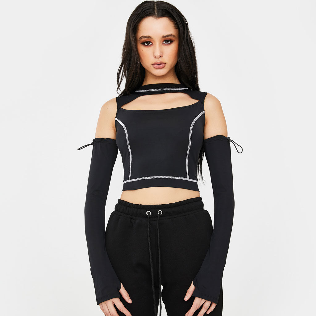 Futuristic Style High Neck Cut Out Long sleeve Crop Top - Black