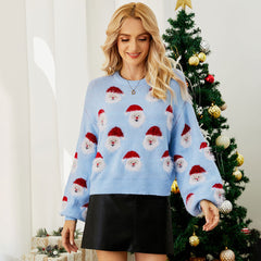 Fuzzy Christmas Santa Claus Rib Knit Crew Neck Oversized Sweater - Blue