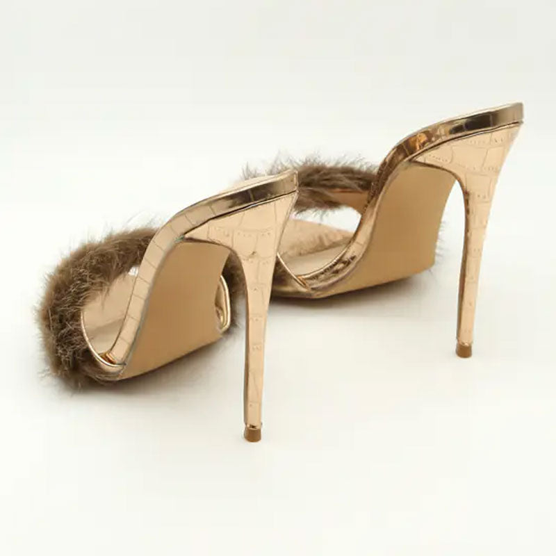 Fuzzy Faux Fur Crocodile Embossed Open Pointed Toe Stiletto Mules - Gold