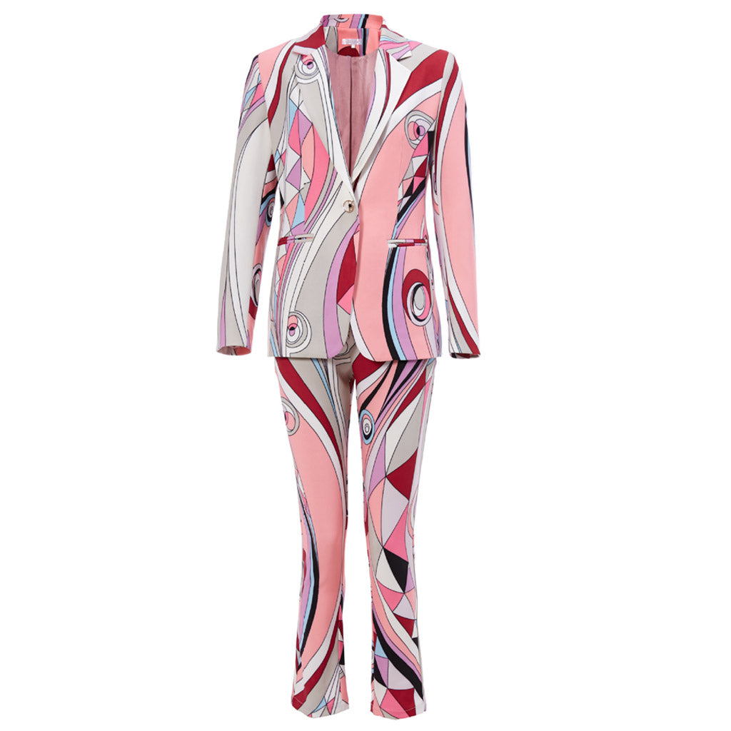 Geometric Print Collared Long Sleeve Blazer Matching Set - Pink