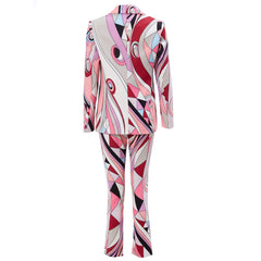 Geometric Print Collared Long Sleeve Blazer Matching Set - Pink