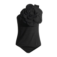 Giant Rosette Applique One Shoulder Solid Color Sleeveless Bodysuit