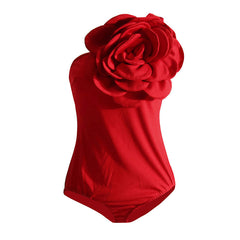 Giant Rosette Applique One Shoulder Solid Color Sleeveless Bodysuit