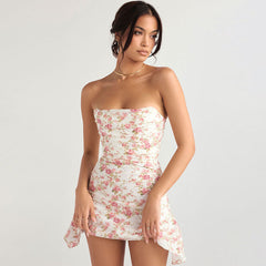 Glamorous Rose Printed Asymmetrical Ruched Strapless Corset Mini Dress - Floral