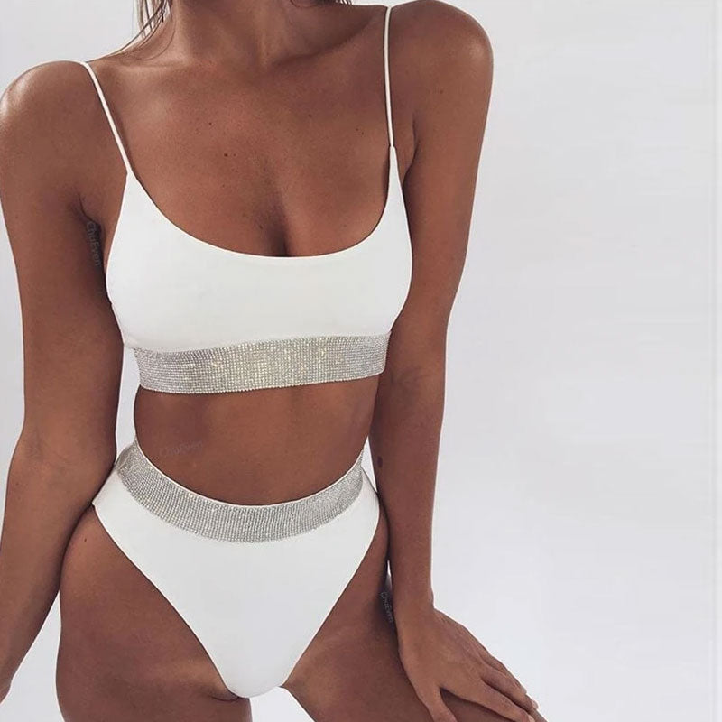 Glitter Banded High Waist High Leg Bralette Bikini Set - White