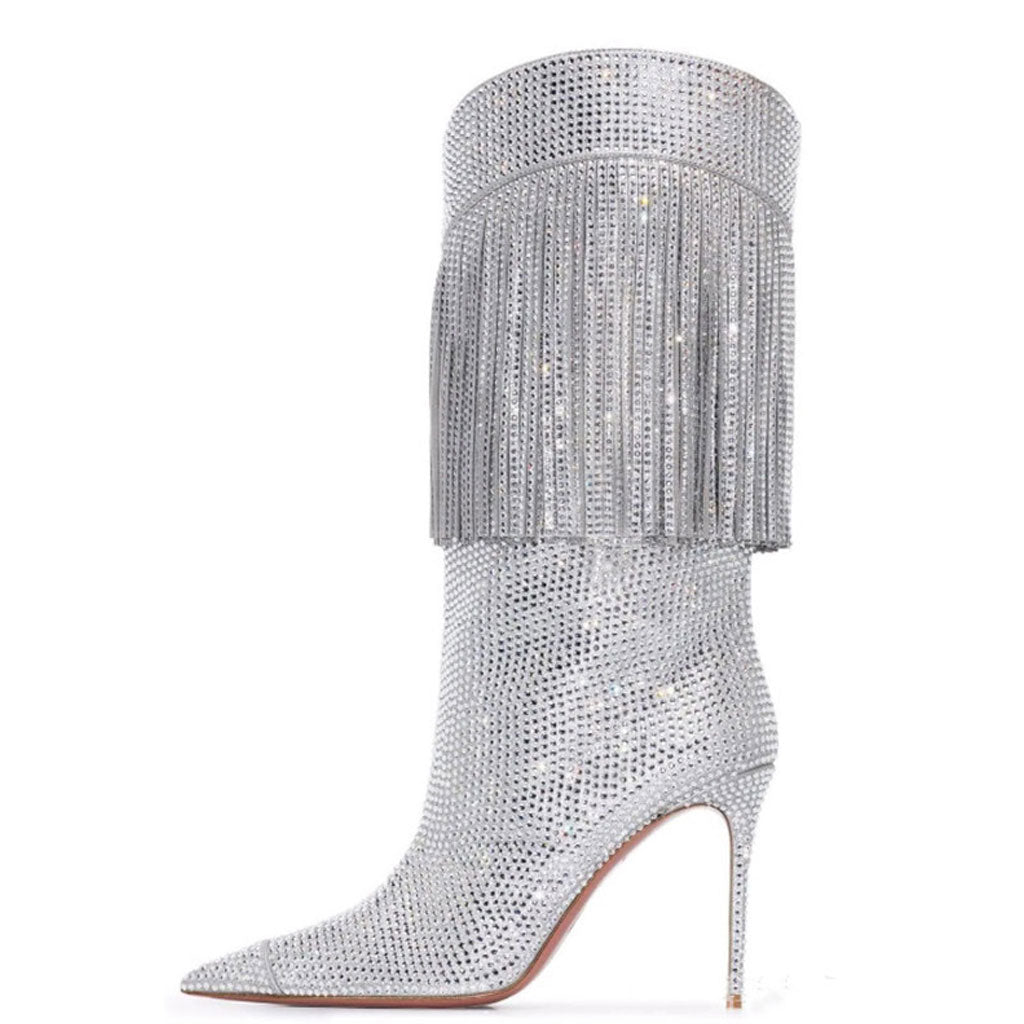 Glitter Fringe Rhinestone Embellished Pointed Toe Stiletto Boots - Silver