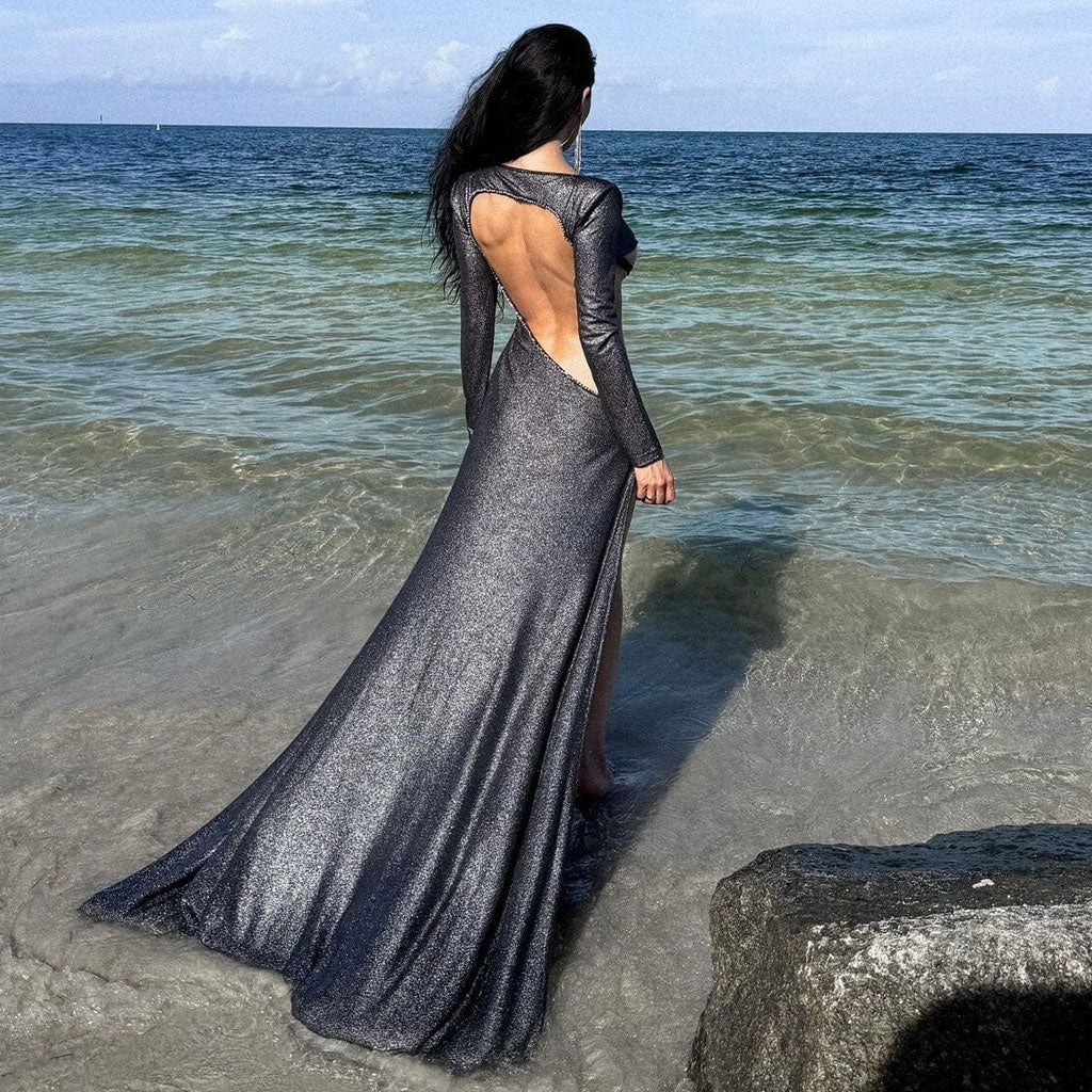 Glitter Metallic Lurex V Neck Long Sleeve Cutout Backless Split Maxi Gown Dress