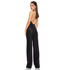 Glitter Sequin Fringe Plunge Backless Wide Leg Party Jumpsuit - Black