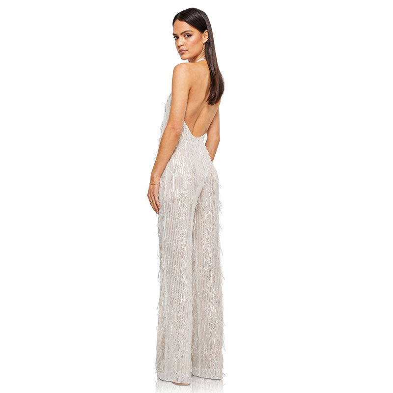 Glitter Sequin Fringe Plunge Backless Wide Leg Party Jumpsuit - Silver