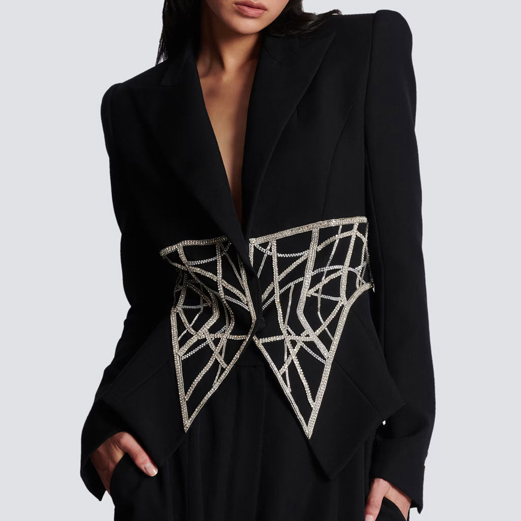 Glittered Crystal Corset Trim Peak Lapel Long Sleeve One Button Tailored Blazer