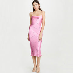 Glossy Ditsy Floral Print Backless Satin Slip Midi Dress - Pink