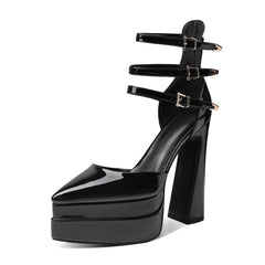 Glossy Pointed Toe Platform Block Heel Ankle Strap Pumps - Black