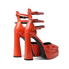 Glossy Pointed Toe Platform Block Heel Ankle Strap Pumps - Orange