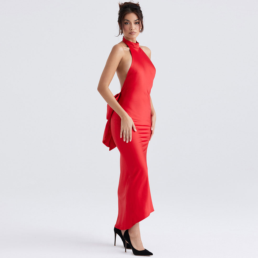 Glossy Satin Bowknot Fishtail Sleeveless Backless Evening Maxi Dress - Red