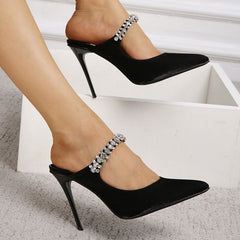 Glossy Satin Crystal Embellished Strap Pointed Toe High Heel Pumps - Black