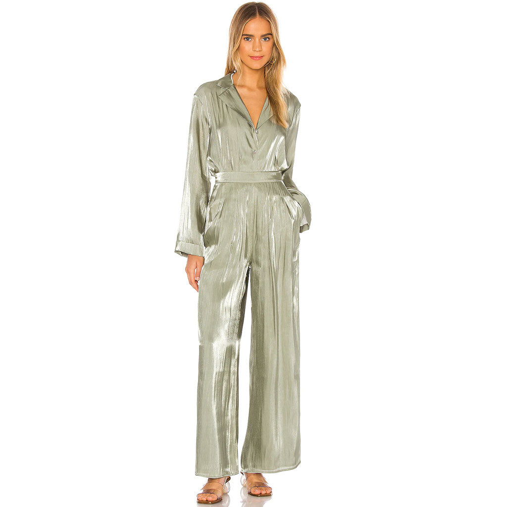 Glossy Satin Long Sleeve Blouse Wide Leg Pant Matching Set - Green