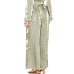 Glossy Satin Long Sleeve Blouse Wide Leg Pant Matching Set - Green