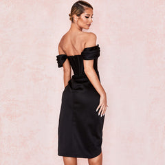 Glossy Satin Off Shoulder Draped Corset Cocktail Midi Dress - Black