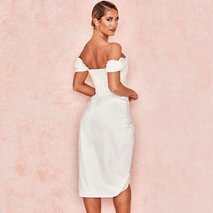 Glossy Satin Off Shoulder Draped Corset Cocktail Midi Dress - White