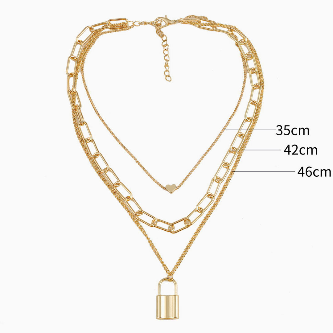 Gold Lock Pendant Chain-Link Layered Necklace - Gold