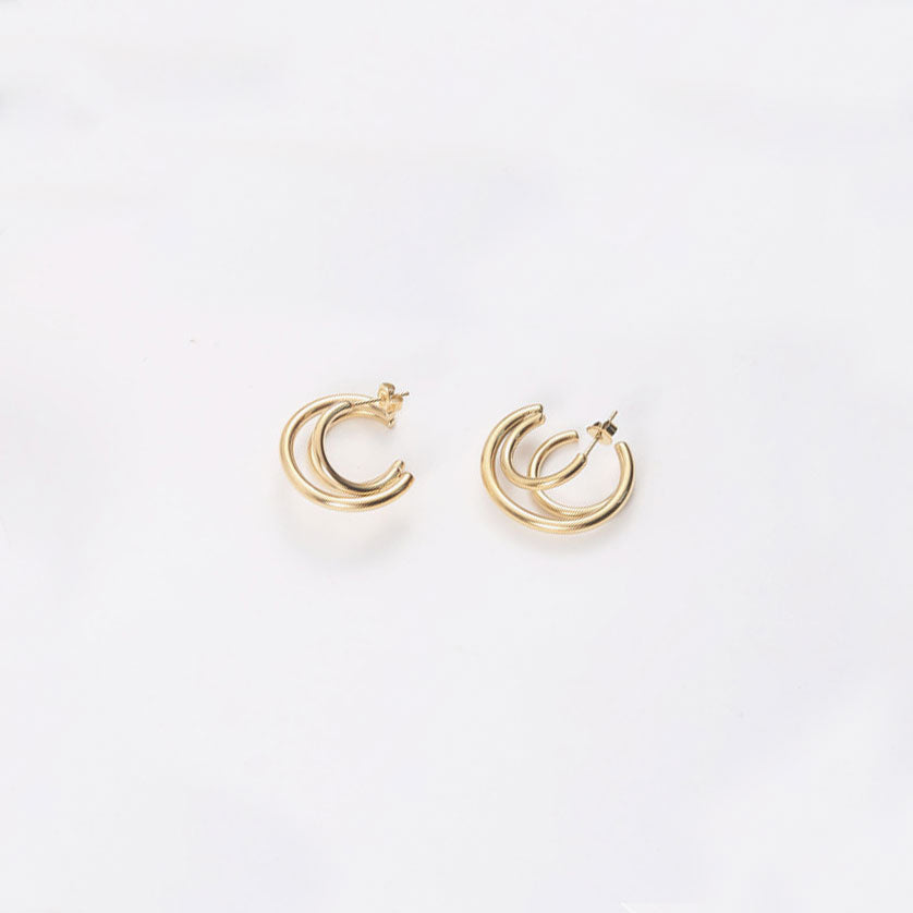 Glossy Gold Tone Plated Triple Circle Double Hoop Earrings - Gold