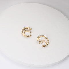 Glossy Gold Tone Plated Triple Circle Double Hoop Earrings - Gold