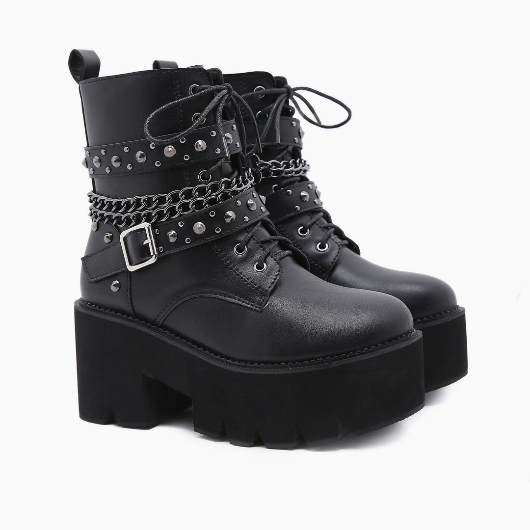 Gothic Punk Studs Buckle Strap Chain-Link Platform Boots - Black