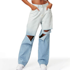 Gradient Wide Leg Washed Ripped Boyfriend Jeans - Light Blue