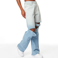 Gradient Wide Leg Washed Ripped Boyfriend Jeans - Light Blue