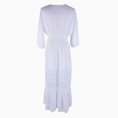 Boho Style Deep V Button Up Sleeved Lace Panel Midi Cover Up - White