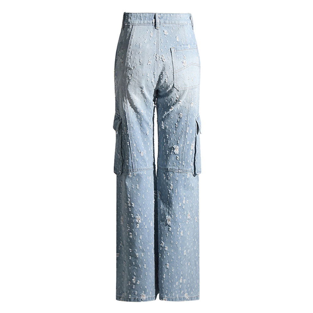 High Street Ripped Cargo Pocket Zipper High Waist Straight Leg Denim Jeans