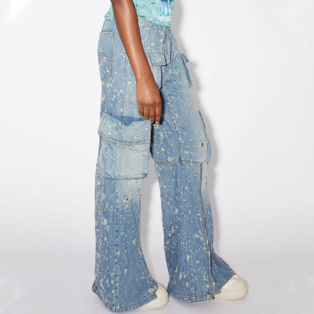 High Street Ripped Cargo Pocket Zipper High Waist Straight Leg Denim Jeans