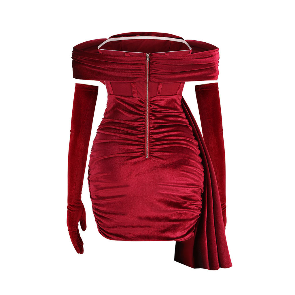 Holiday Off Shoulder Cowl Neck Corset Cocktail Mini Dress - Burgundy