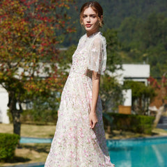 Lavish Short Sleeve Frill Neck A Line Summer Embroidered Floral Tulle Maxi Dress