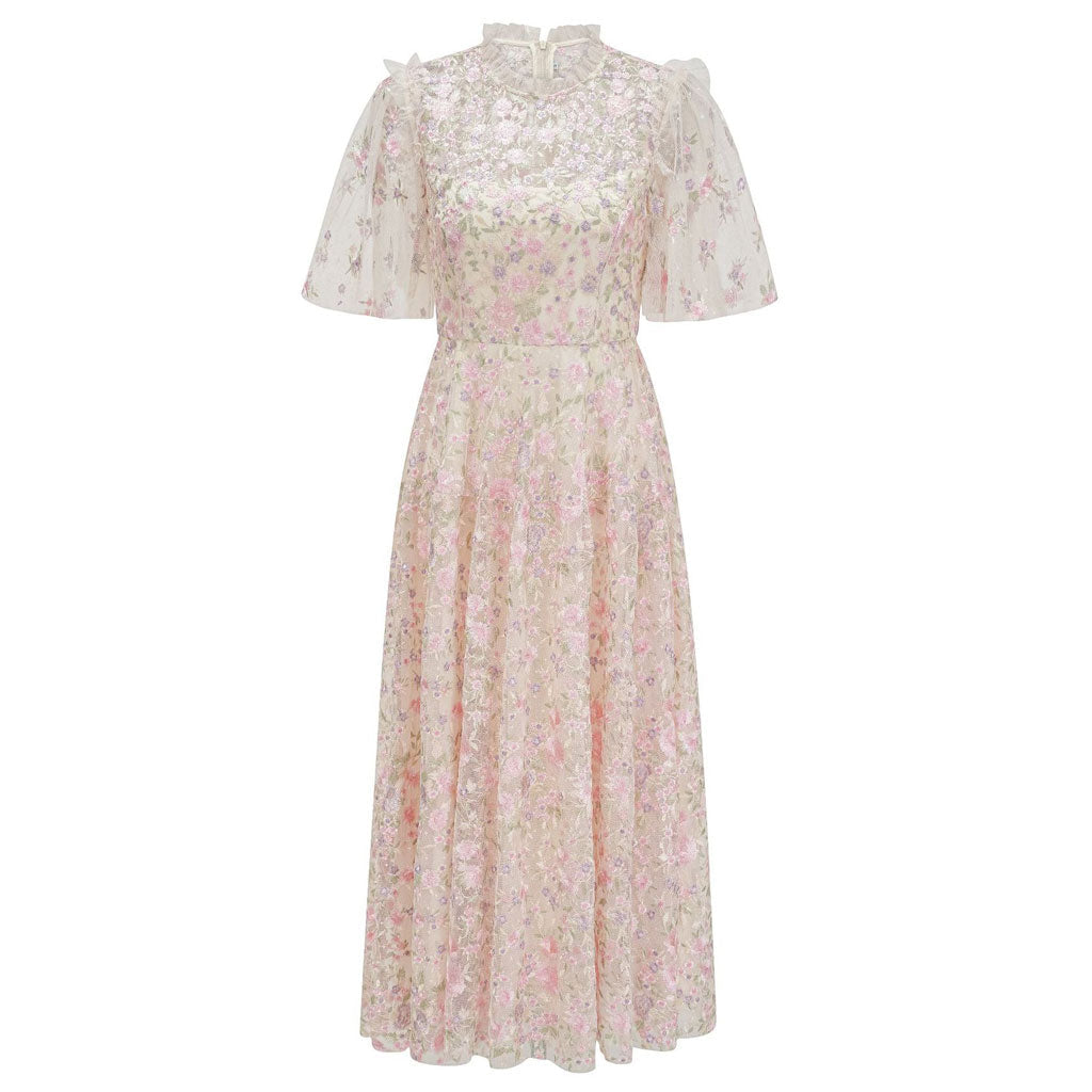 Lavish Short Sleeve Frill Neck A Line Summer Embroidered Floral Tulle Maxi Dress