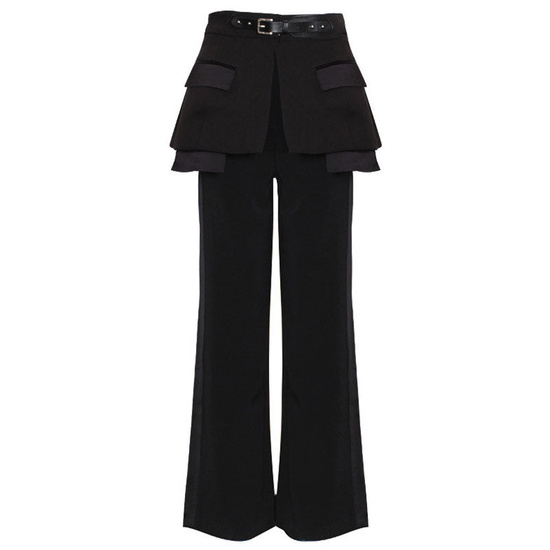 Layered Belted High Waist Straight Leg Tailored Pants - Black