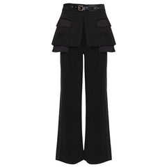 Layered Belted High Waist Straight Leg Tailored Pants - Black