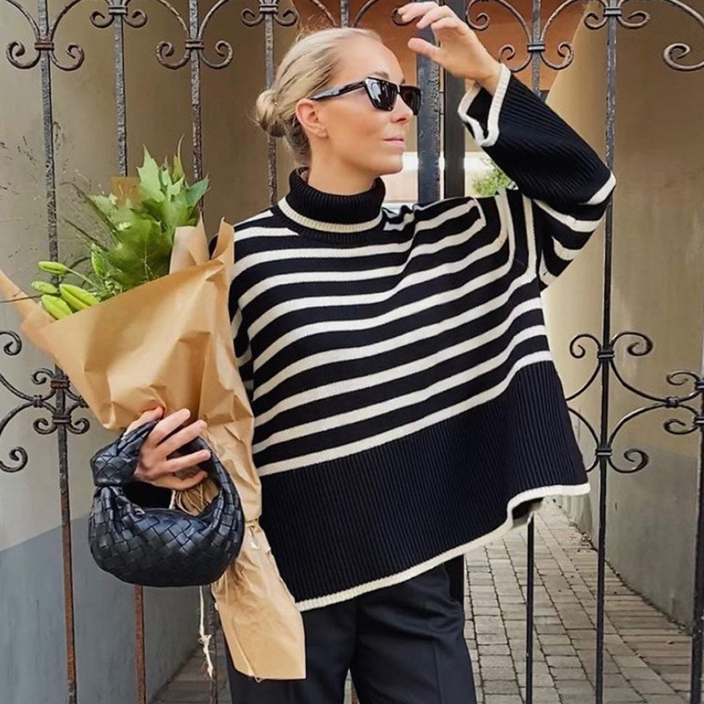 Long Sleeve Turtleneck Side Slit Stripe Knit Pullover Sweater - Black