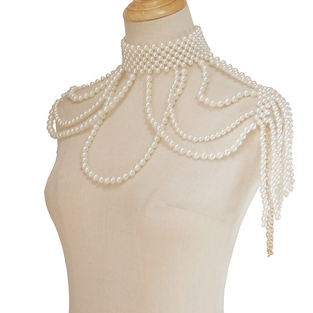 Lustrous Chain Link Layered Imitation Pearl Choker Body Chain