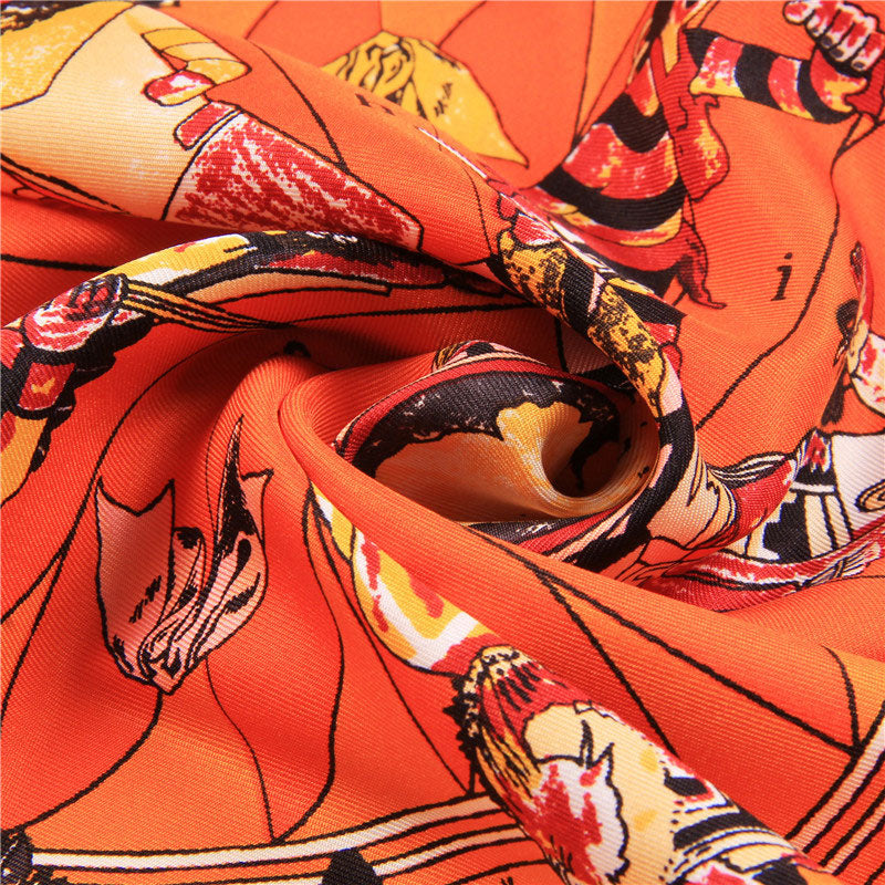 Luxuriant Printed Hand-Made Edge Square Silk Twill Scarf - Orange