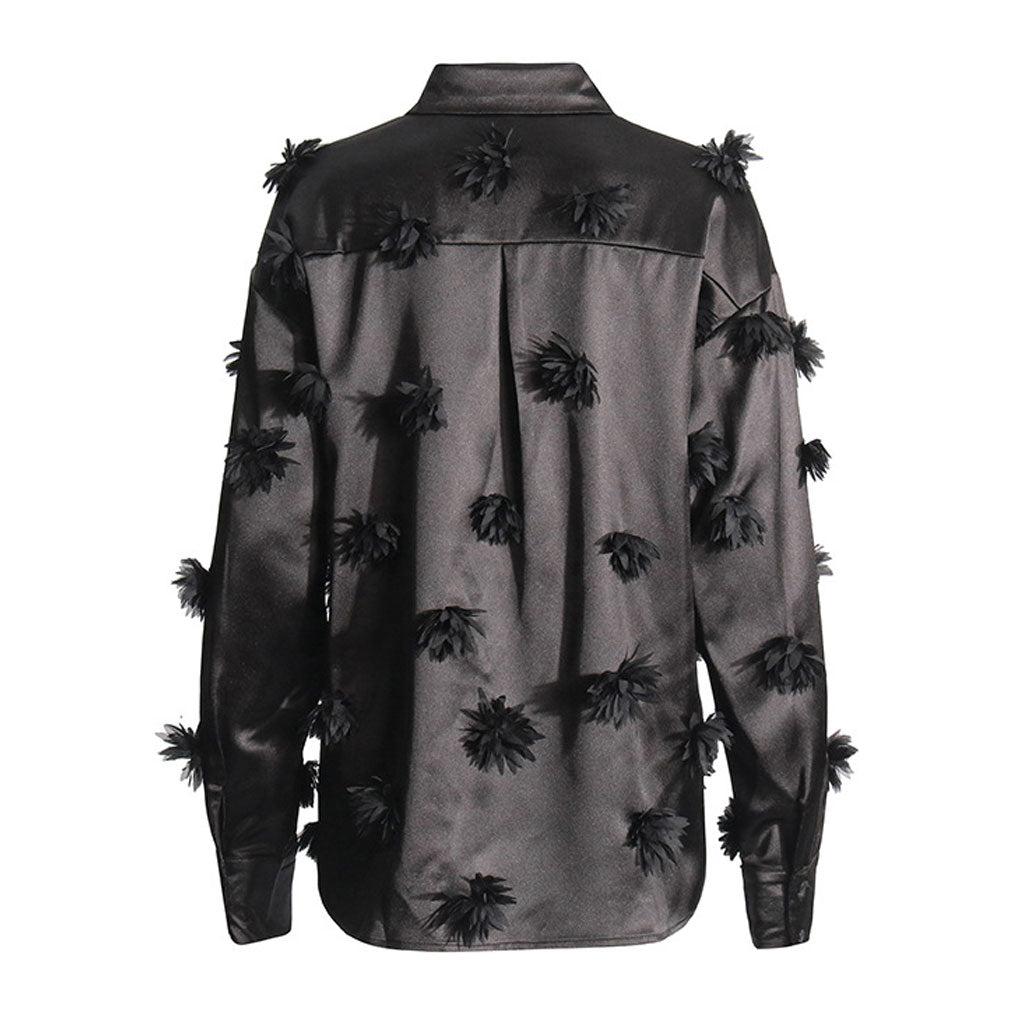 Luxurious 3D Rosette Collared Long Sleeve Button Up Oversized Satin Shirt