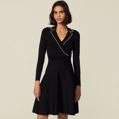 Luxury Beaded Collar Long Sleeve Knit Sweater Mini Dress - Black