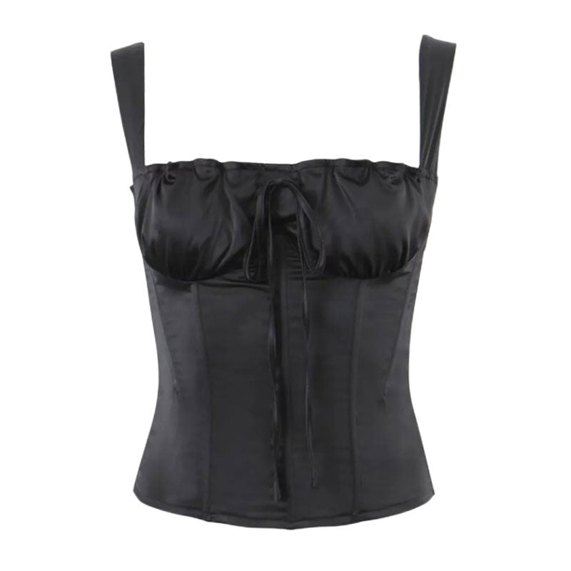 Luxury Bow Trim Sweetheart Suspender Strap Satin Crop Corset Tank Top