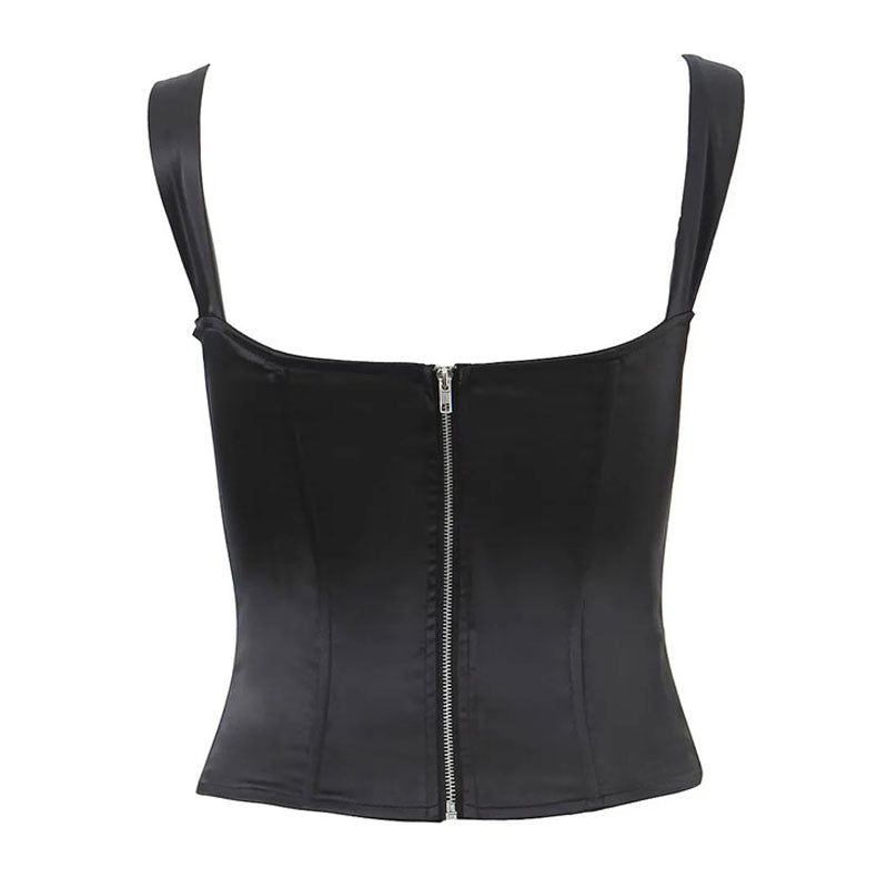 Luxury Bow Trim Sweetheart Suspender Strap Satin Crop Corset Tank Top