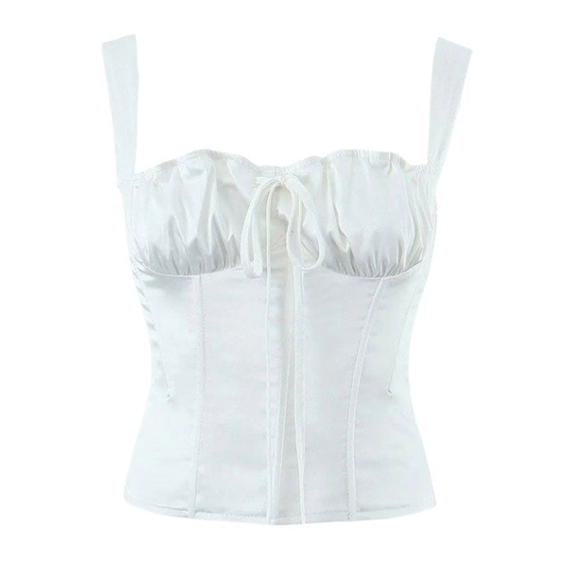 Luxury Bow Trim Sweetheart Suspender Strap Satin Crop Corset Tank Top