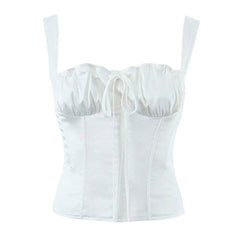 Luxury Bow Trim Sweetheart Suspender Strap Satin Crop Corset Tank Top