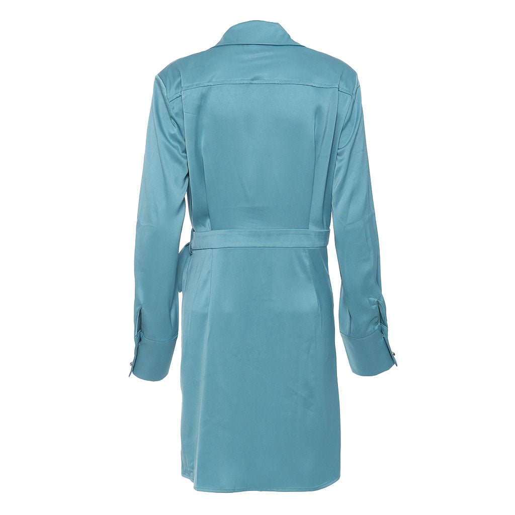 Luxury Collared Long Sleeve Patch Pocket Tie Waist Pleated Satin Midi Shirt Dress